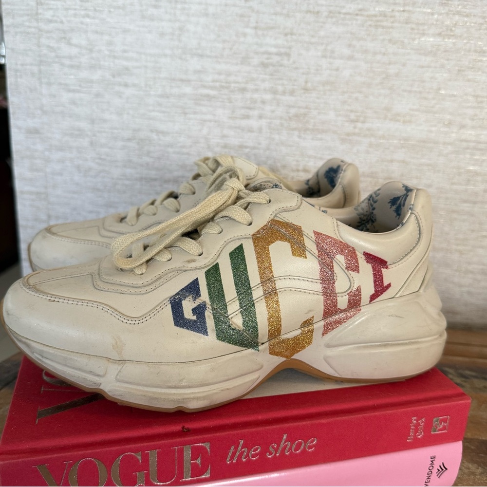 Gucci Rhyton Glitter Logo Sneakers 💯 Authentic – Beige, Women’s Size 38